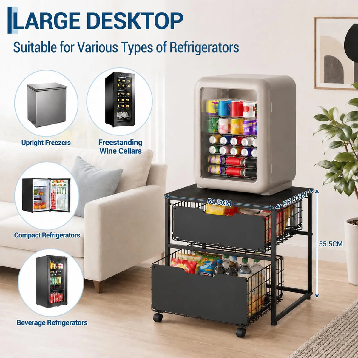 HiMISS Mini Fridge Stand With Pull Out Baskets And Wheels