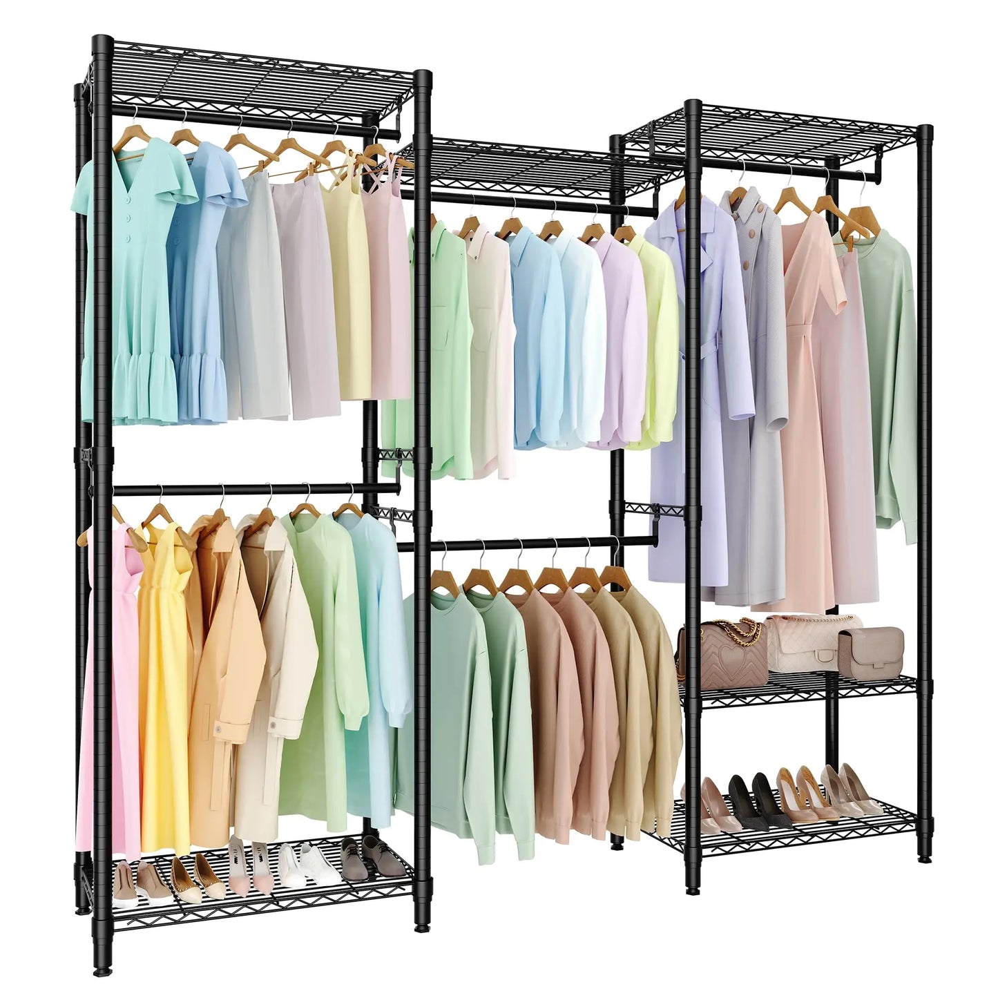 HiMiss Freestanding L Shaped Clothes Rack With Adjustable Shelves