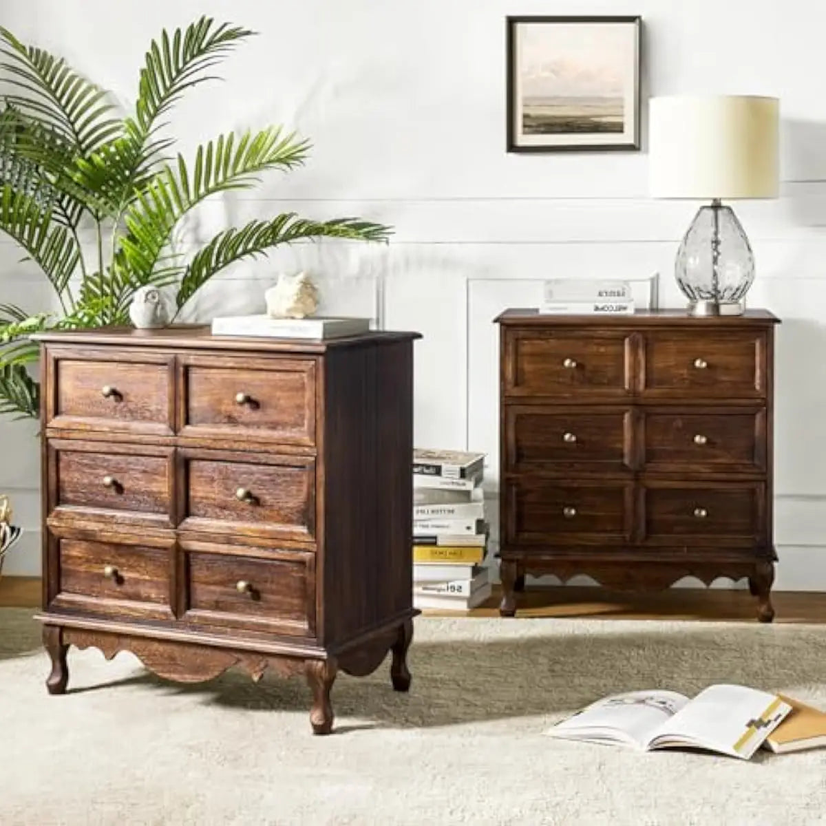 Solid Wood Nightstand With USB Hub Three Drawers Rustic Farmhouse