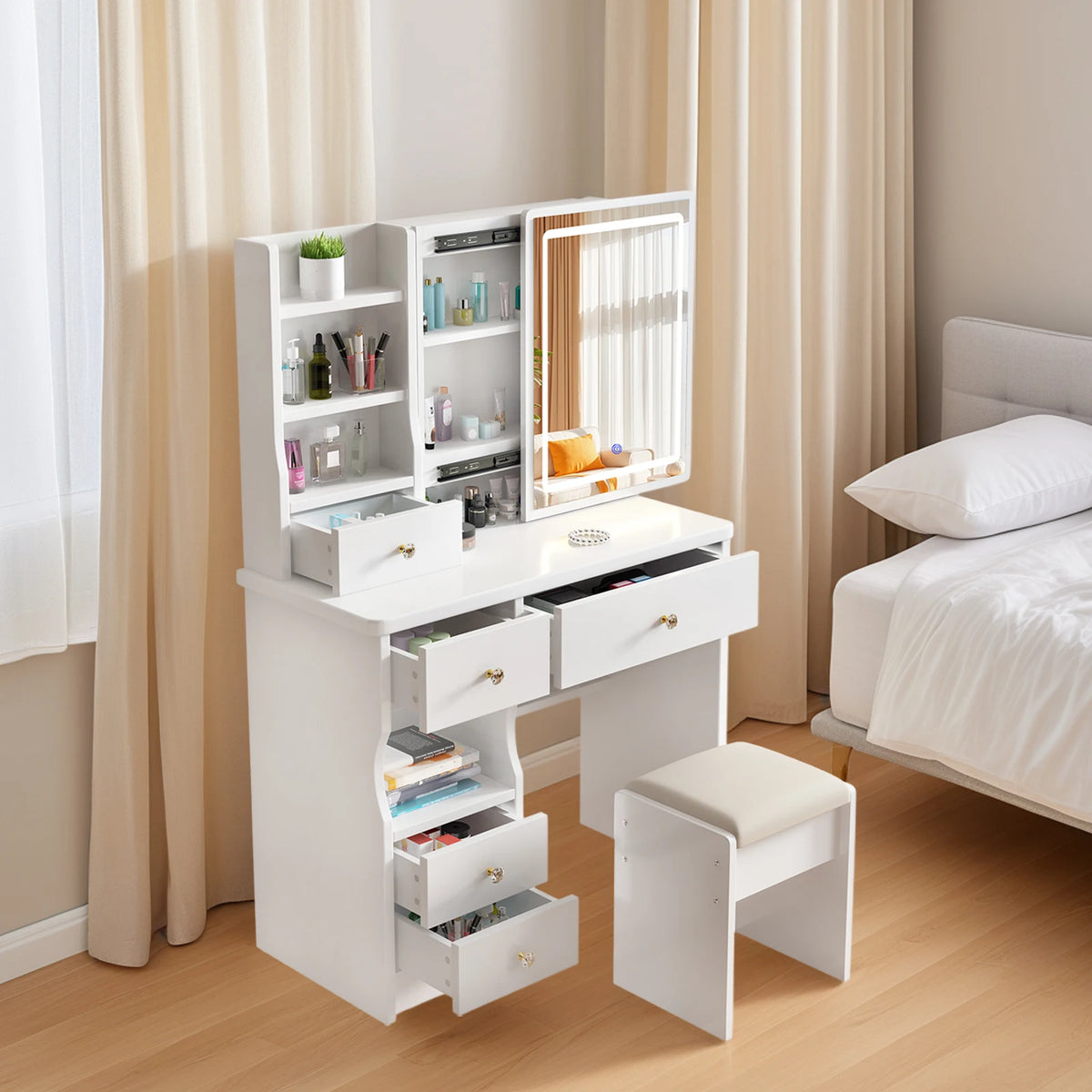 Modern Wooden Vanity Desk Featuring Adjustable LED Sliding Mirror