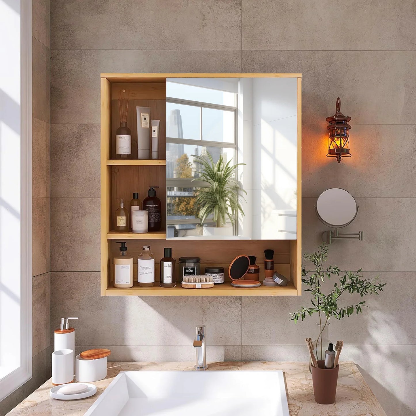 Wisfor Bamboo Bathroom Cabinet With Mirror And Medicine Storage Shelves
