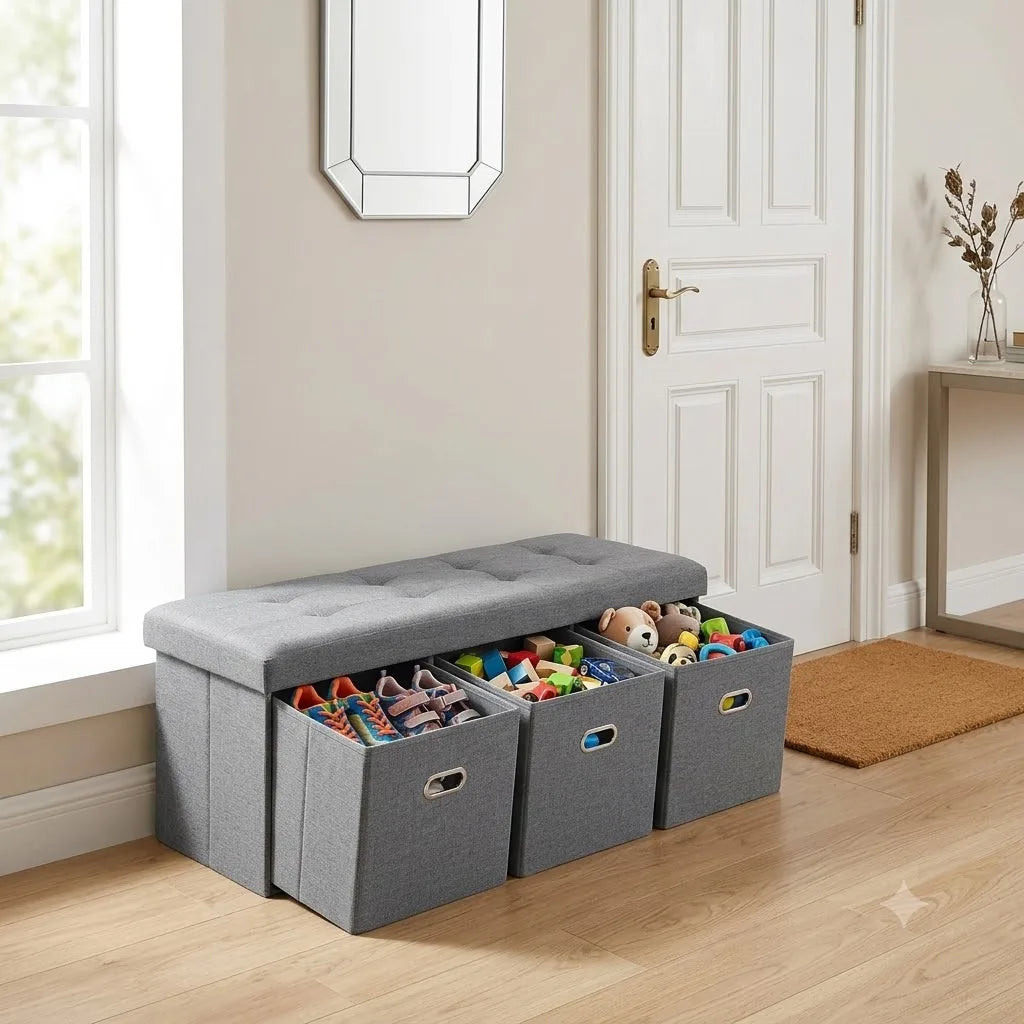 Three Drawer Foldable Linen Storage Ottoman Bench With Tufted Seat