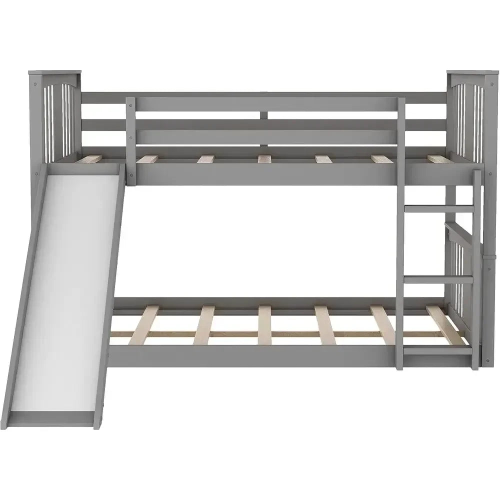 Solid Wood Bunk Bed With Slide And Safety Guard Rails for Kids