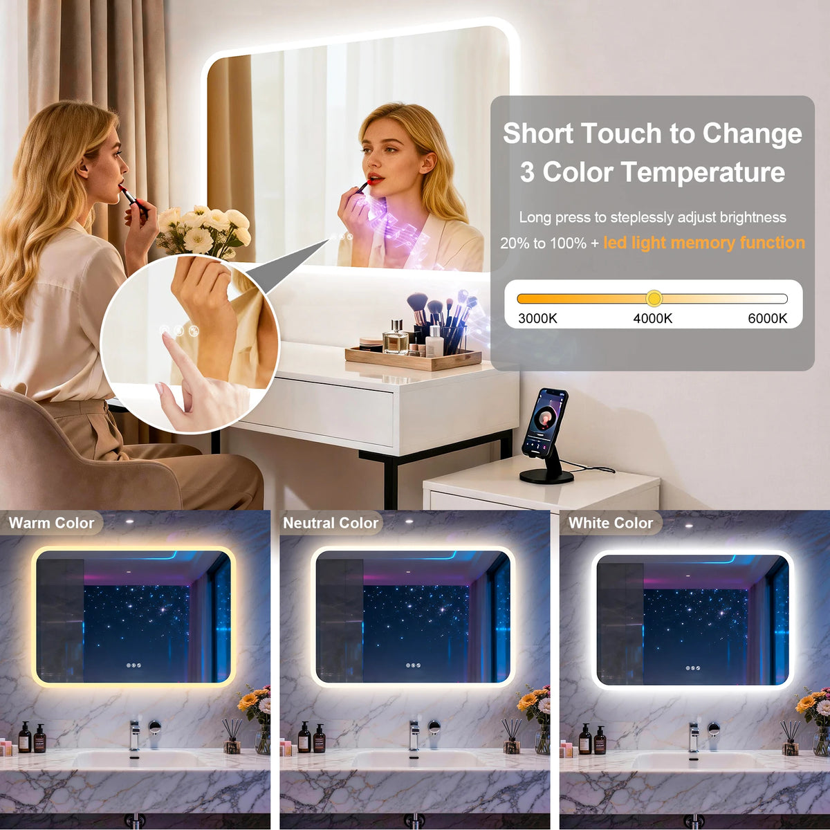Smart LED Bathroom Mirror With Bluetooth Speakers And Dimmable Lighting