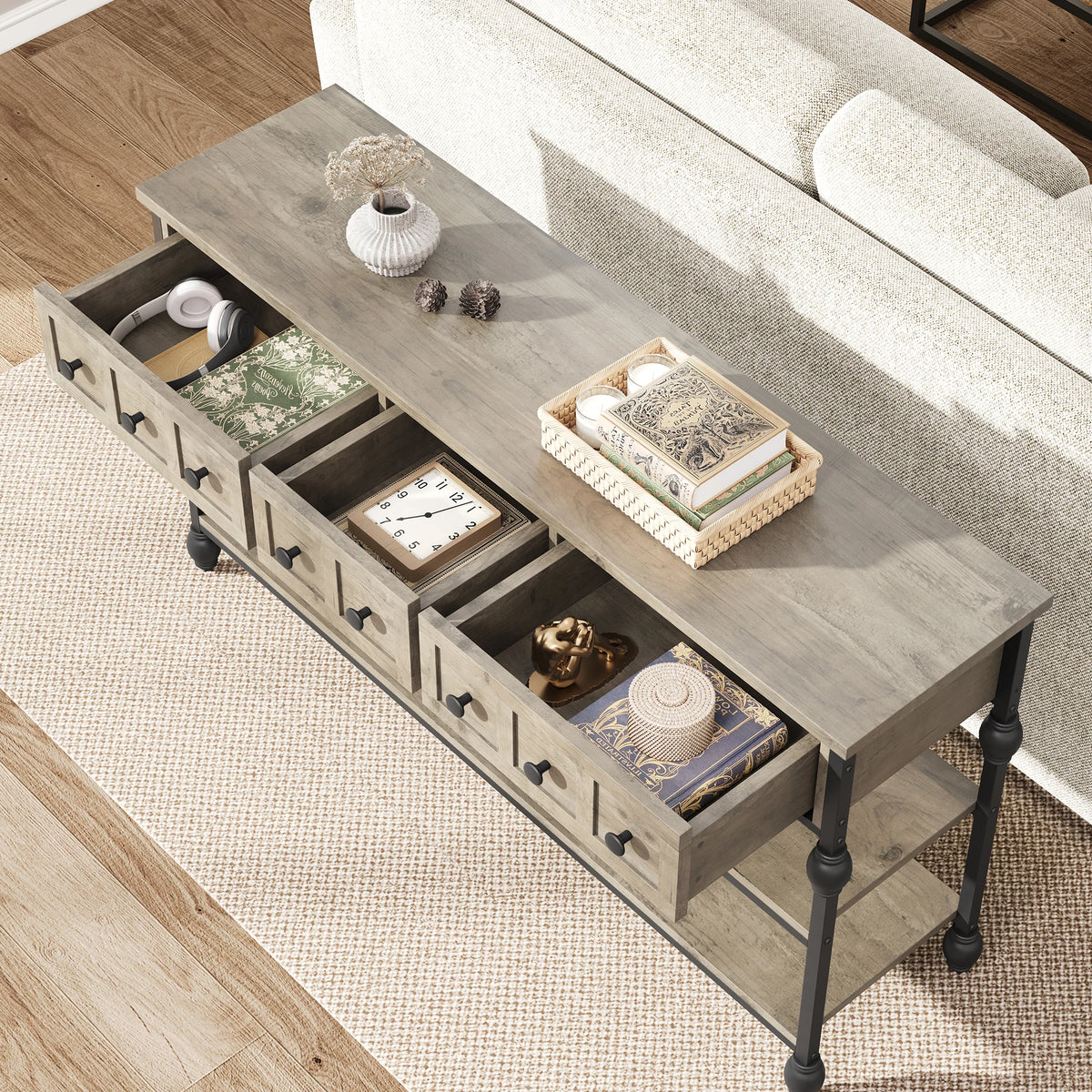 HiMISS Industrial Console Table With Drawers And Three Tier Shelves