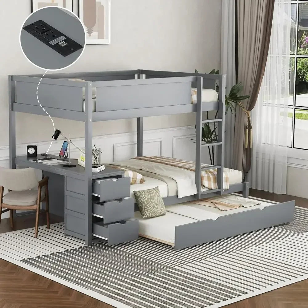 Wood Bunk Bed With Trundle, USB Ports, Storage And Desk