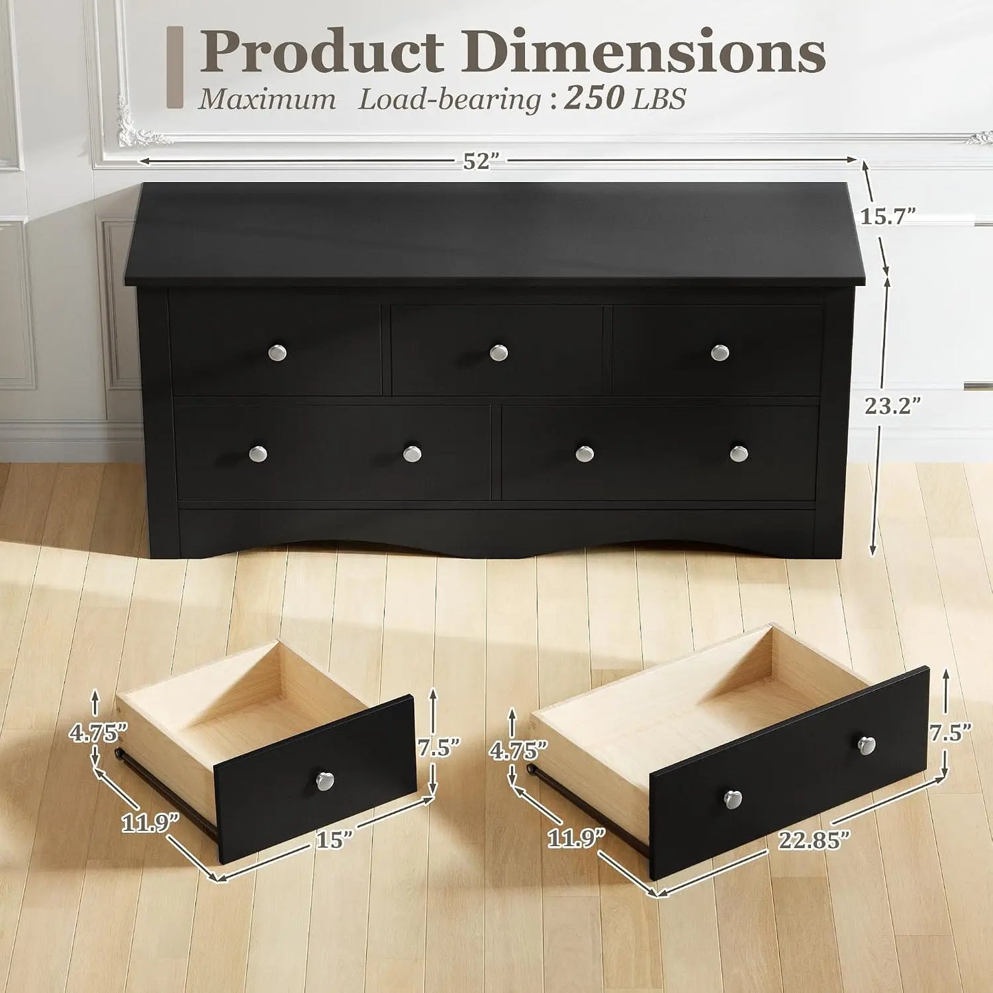 Five Drawer Wood Dresser And Media Storage Console Table