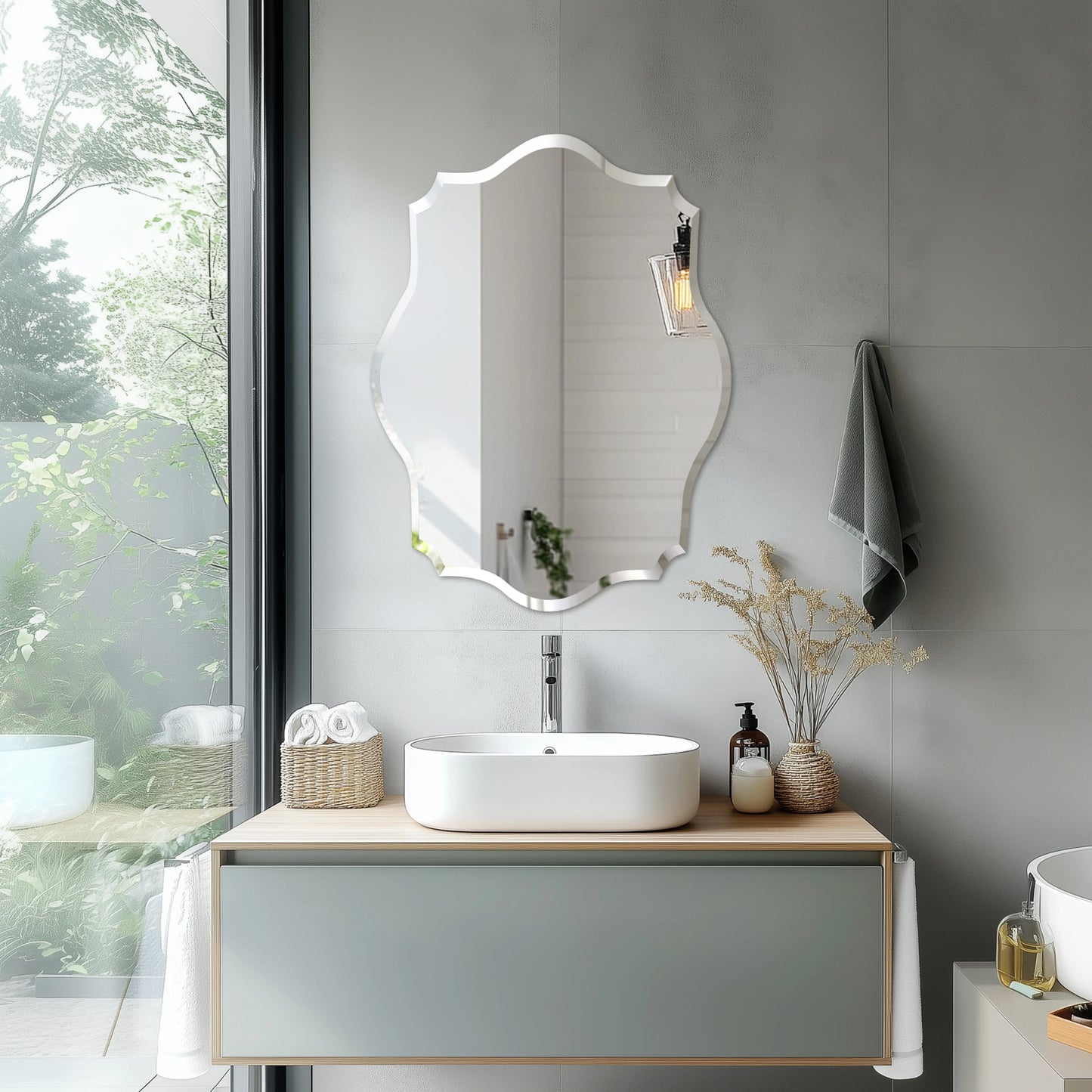 Wisfor Scalloped Frameless Beveled Wall Mirror For Bathroom Living Room