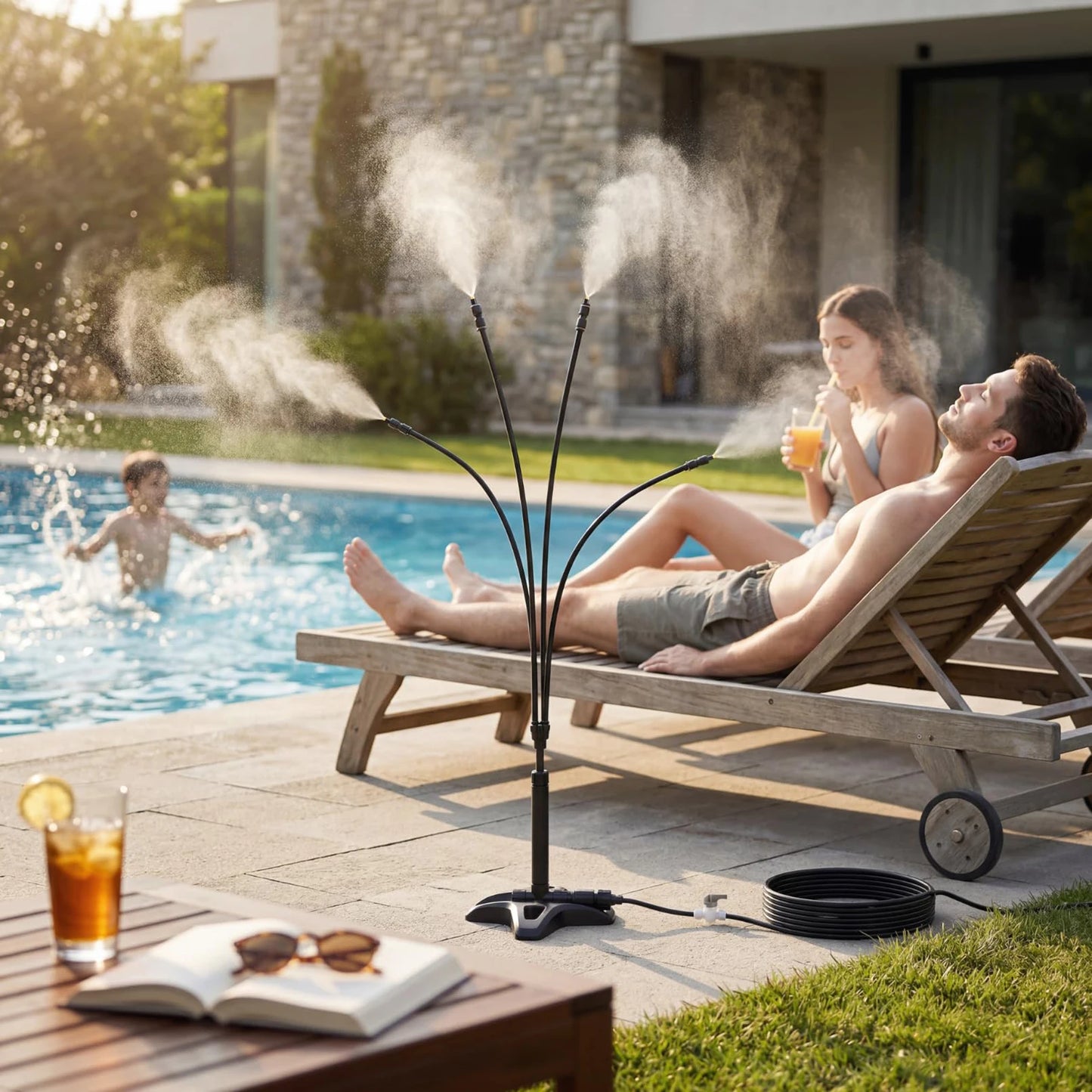 HiMISS Standing Misting System With Four Adjustable Mist Heads For Patios