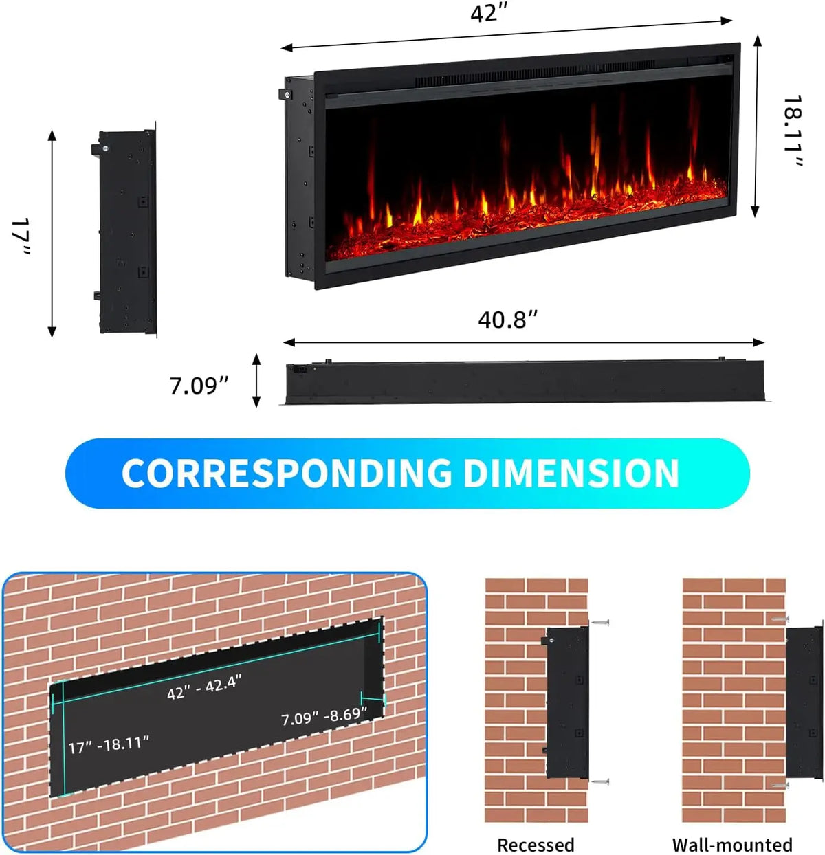 Twister Wall Mounted Electric Fireplace Insert With Remote And Logs