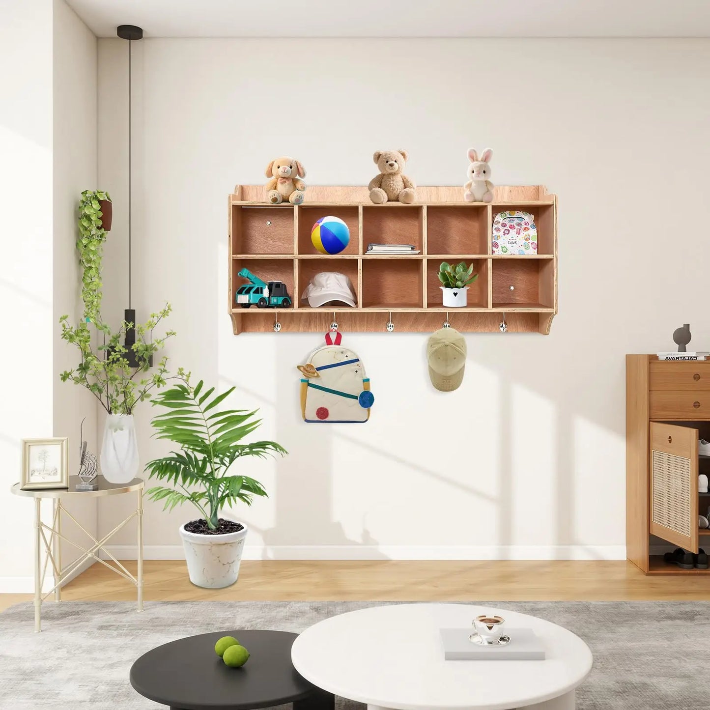 HiMISS Wall Mounted Wooden Kids Cubby Storage Organizer With Hooks