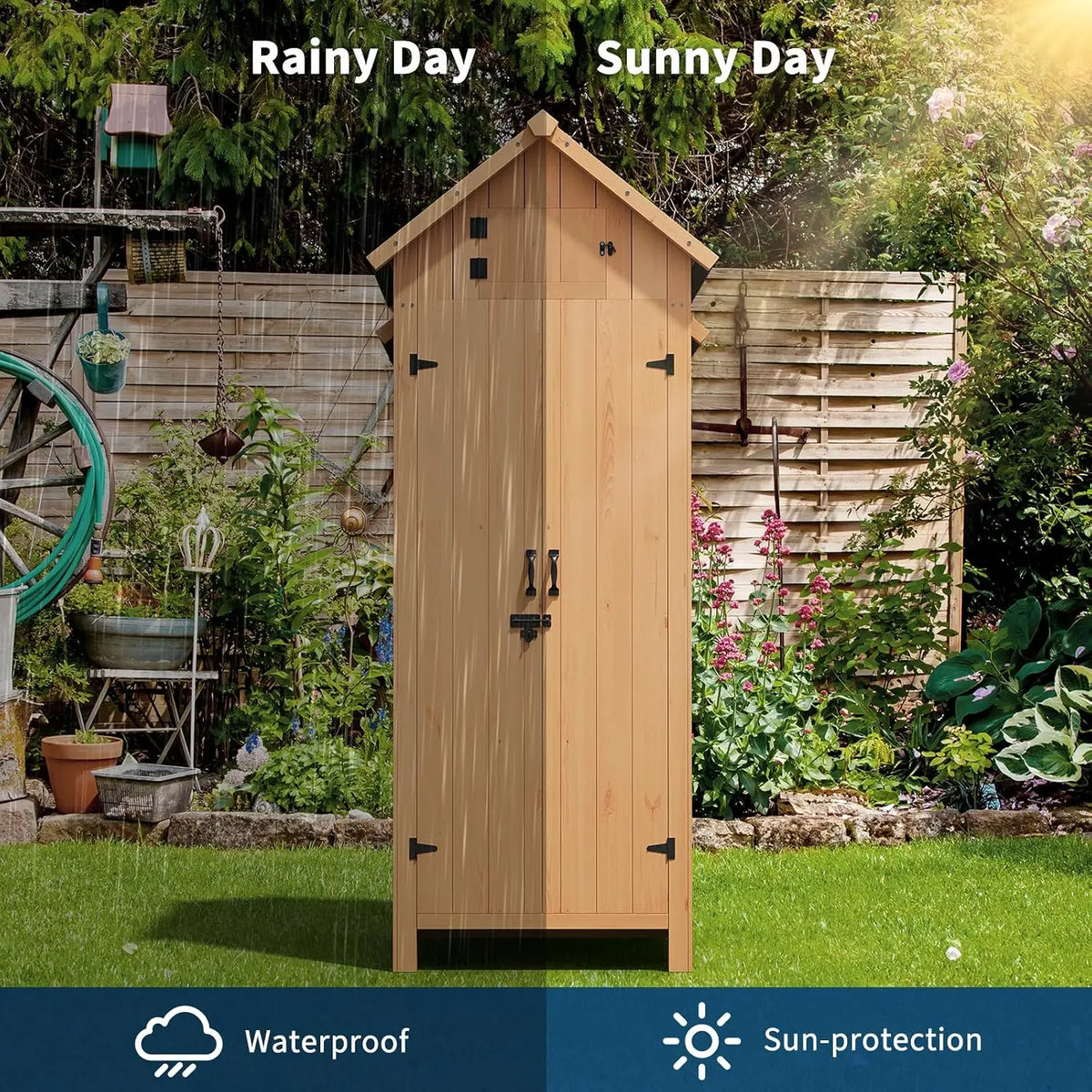 Solid Wood Outdoor Storage Cabinet With Double Doors And Shelves