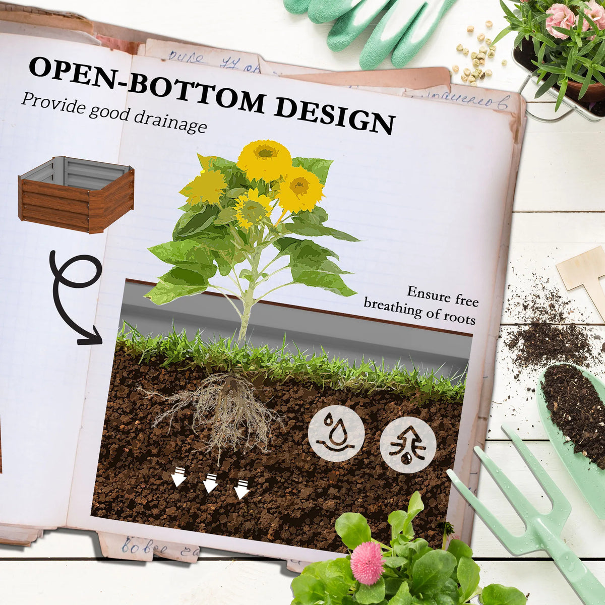 Outsunny Wooden Raised Garden Bed With Attached Tomato Cage