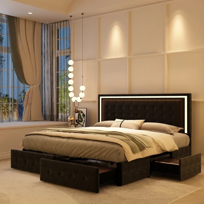 GEGOFORU Bed Frame With 4 Storage Drawers And LED Headboard