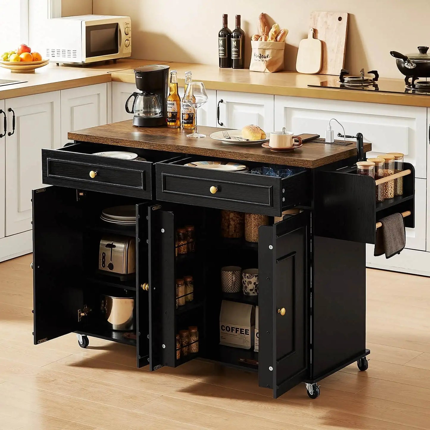 Rolling Wooden Kitchen Island Cart Featuring Drop Leaf Design
