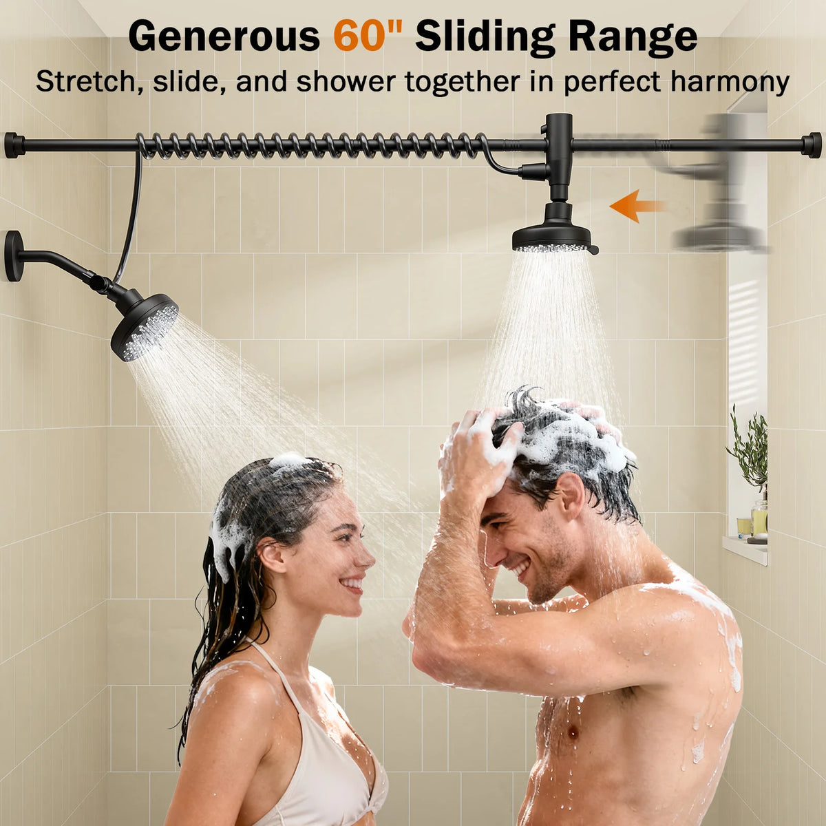 Stainless Steel Dual Shower Head For Two With Adjustable Slider