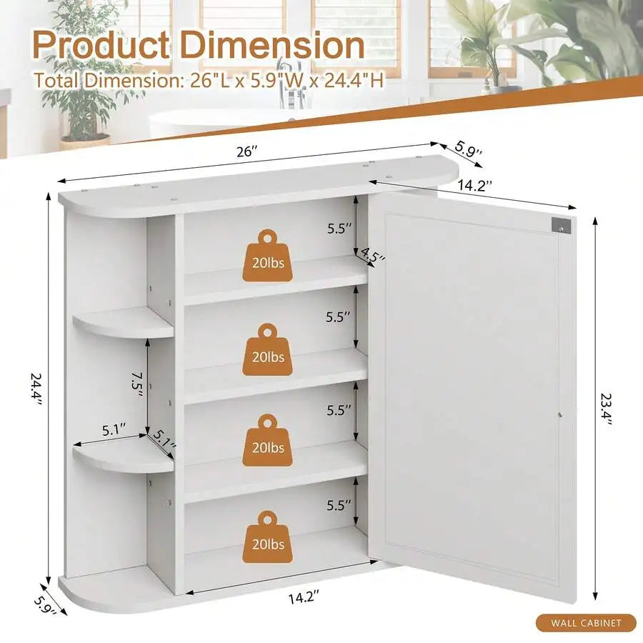 Wall Mounted Bathroom Cabinet With Mirror Door And Shelves