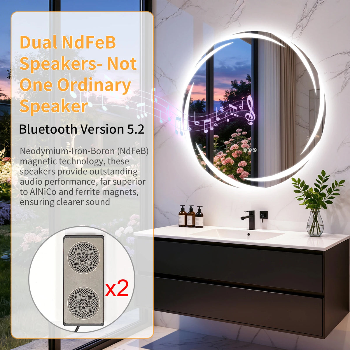 Round Led Bathroom Mirror With Bluetooth Speaker And Defog