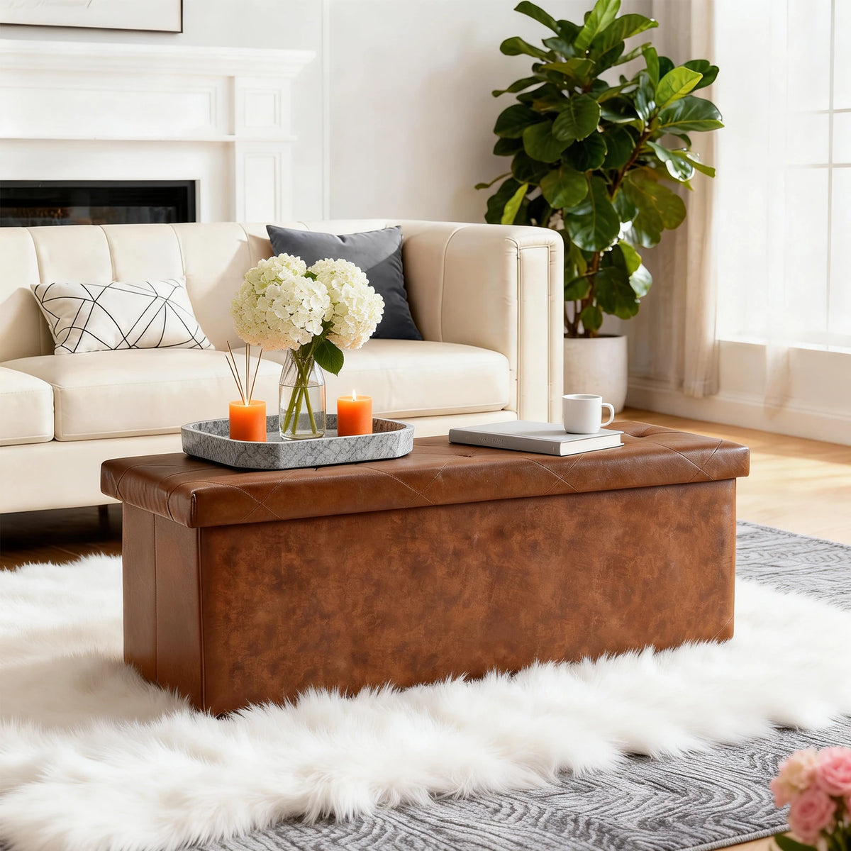 Folding Tufted Faux Leather Storage Bench With Hidden Compartment
