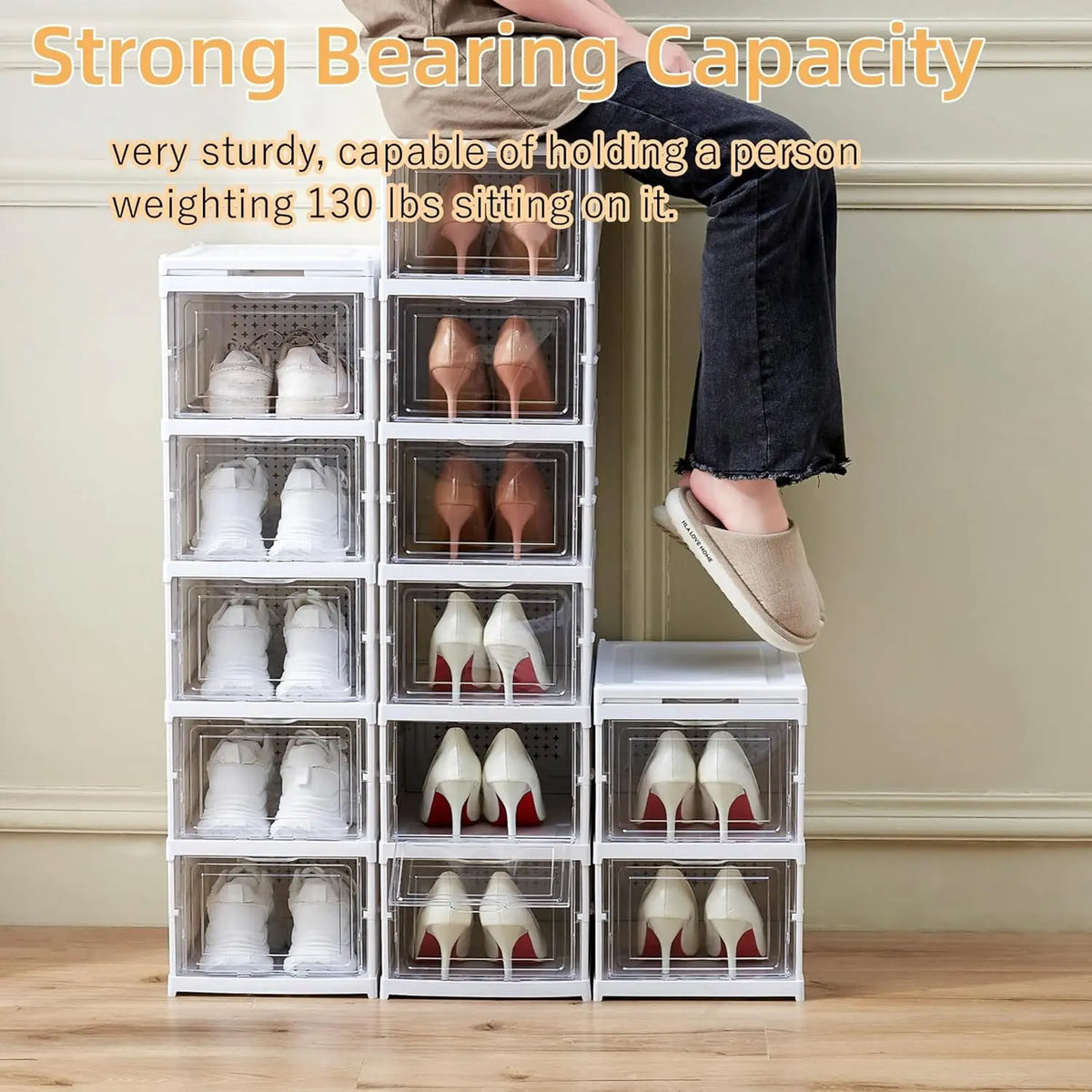Foldable Transparent Shoe Box With Stackable Plastic Closet Organizer