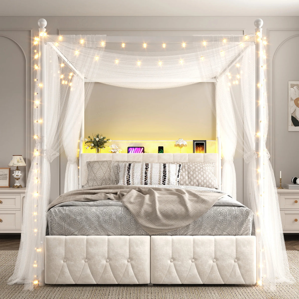EnHomee Canopy Bed With LED Lights Charging Station Two Drawers
