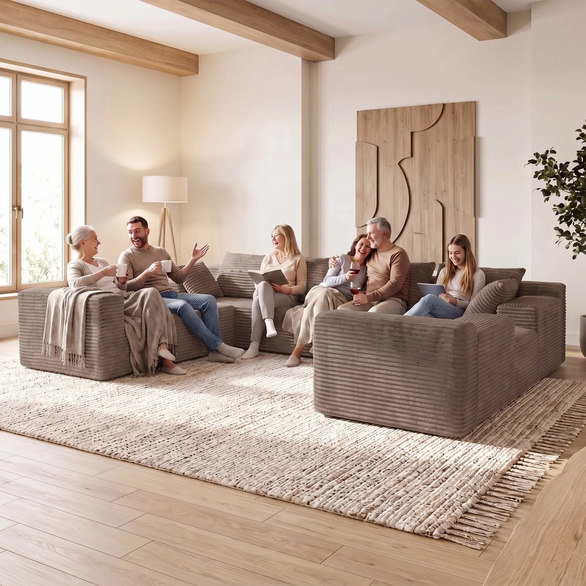 Modern U Shaped Corduroy Sectional Sofa With Deep Cloud Seating