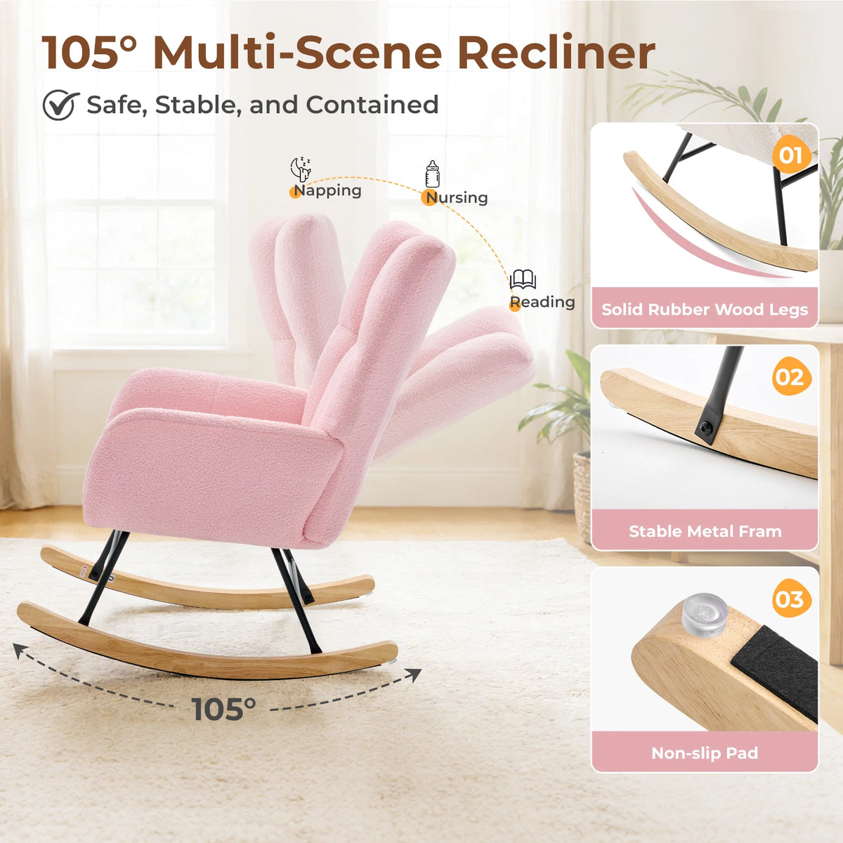 JHK Teddy Upholstered Saucer Rocking Chair With Padded Seat