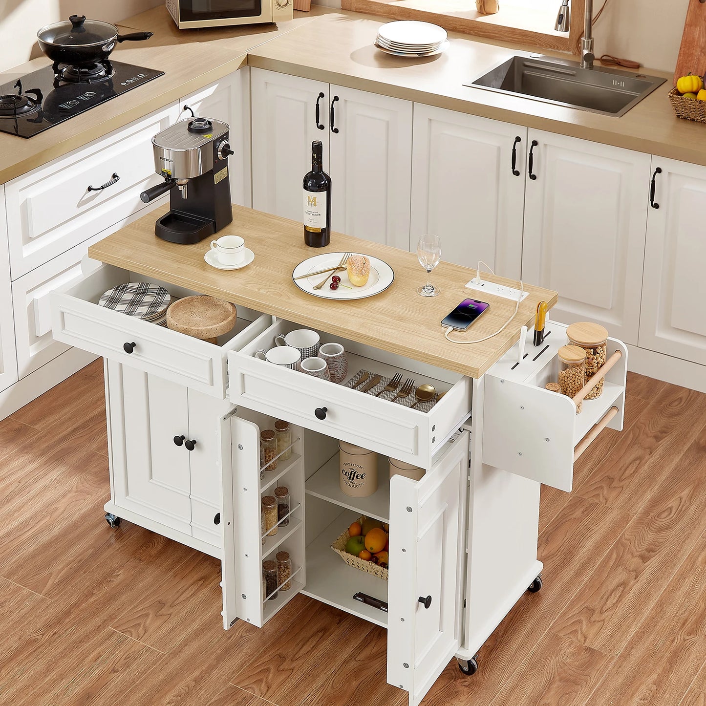Rolling Wooden Kitchen Island Cart Featuring Drop Leaf Design