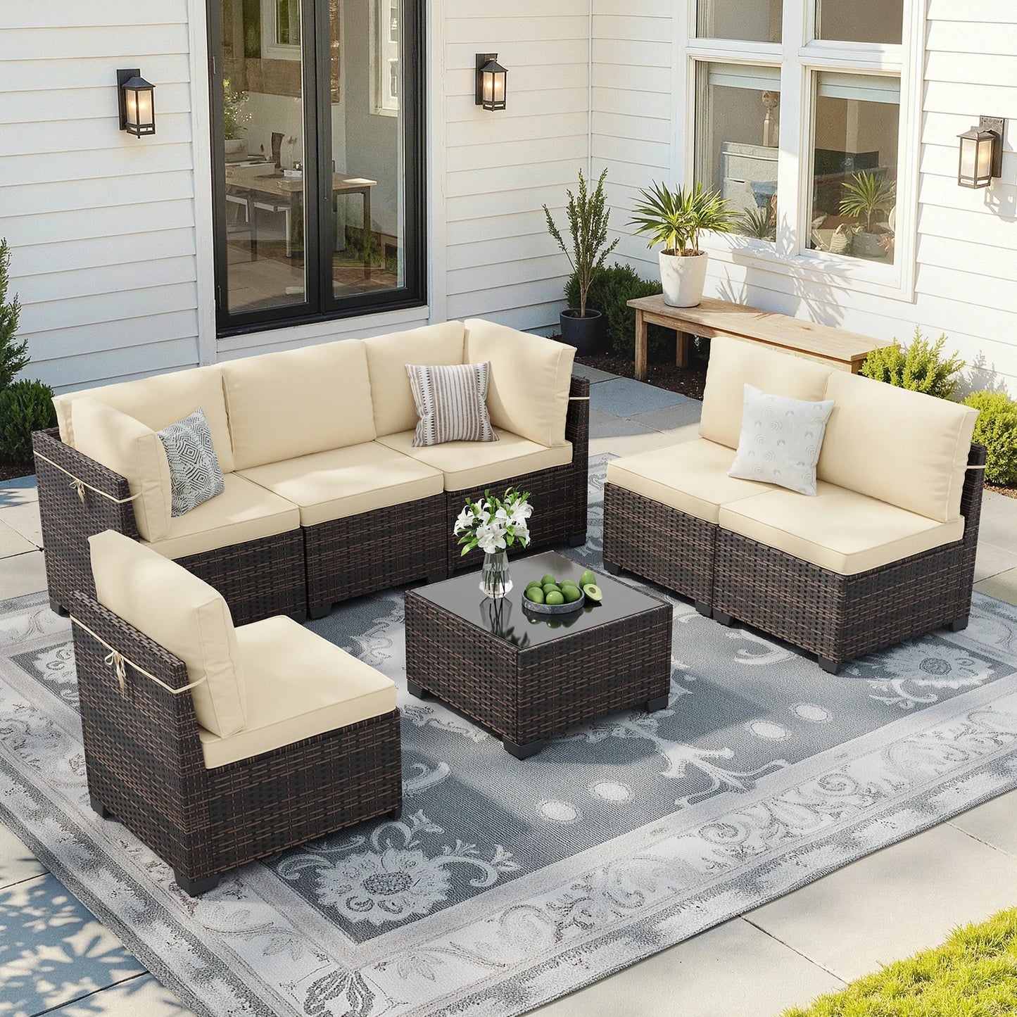 7 Piece Outdoor Rattan Patio Furniture Conversation Set