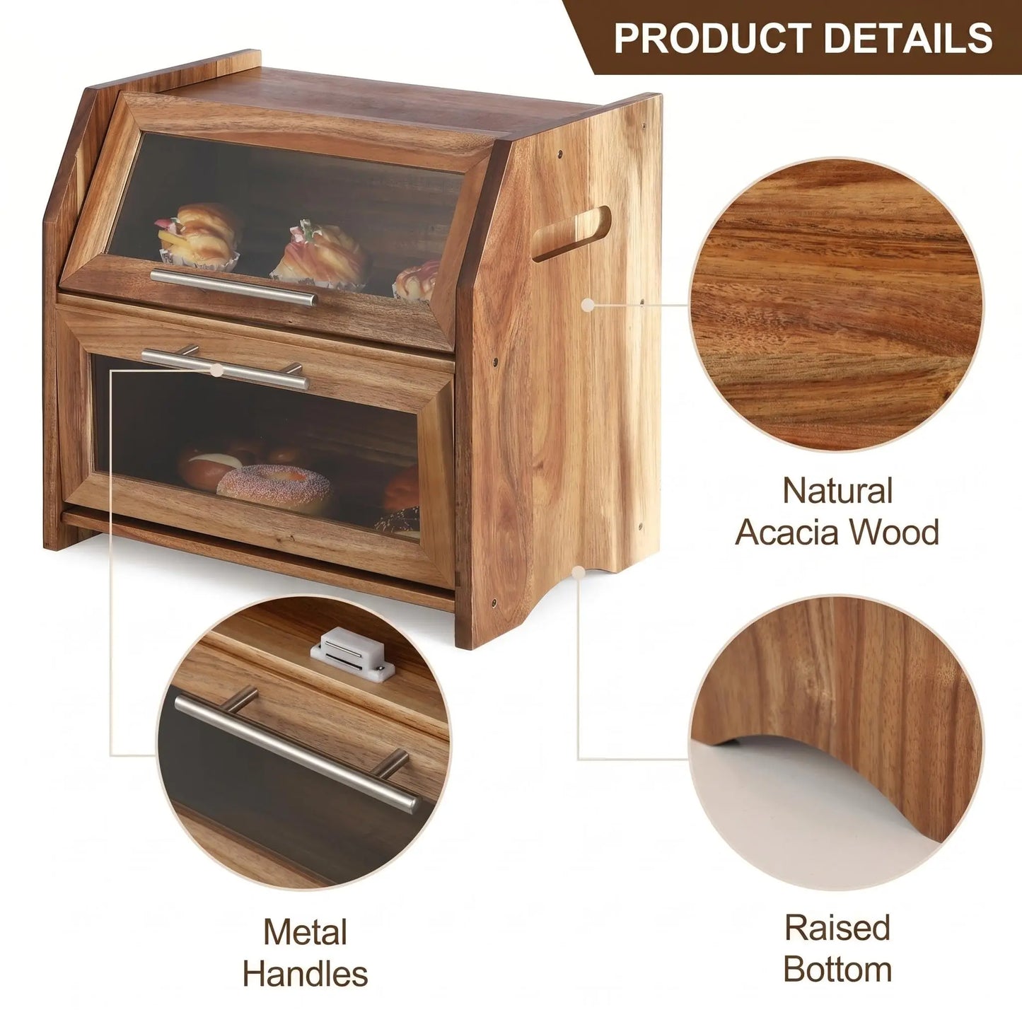 HiMISS Double Layer Acacia Wood Bread Box With Ventilated Storage