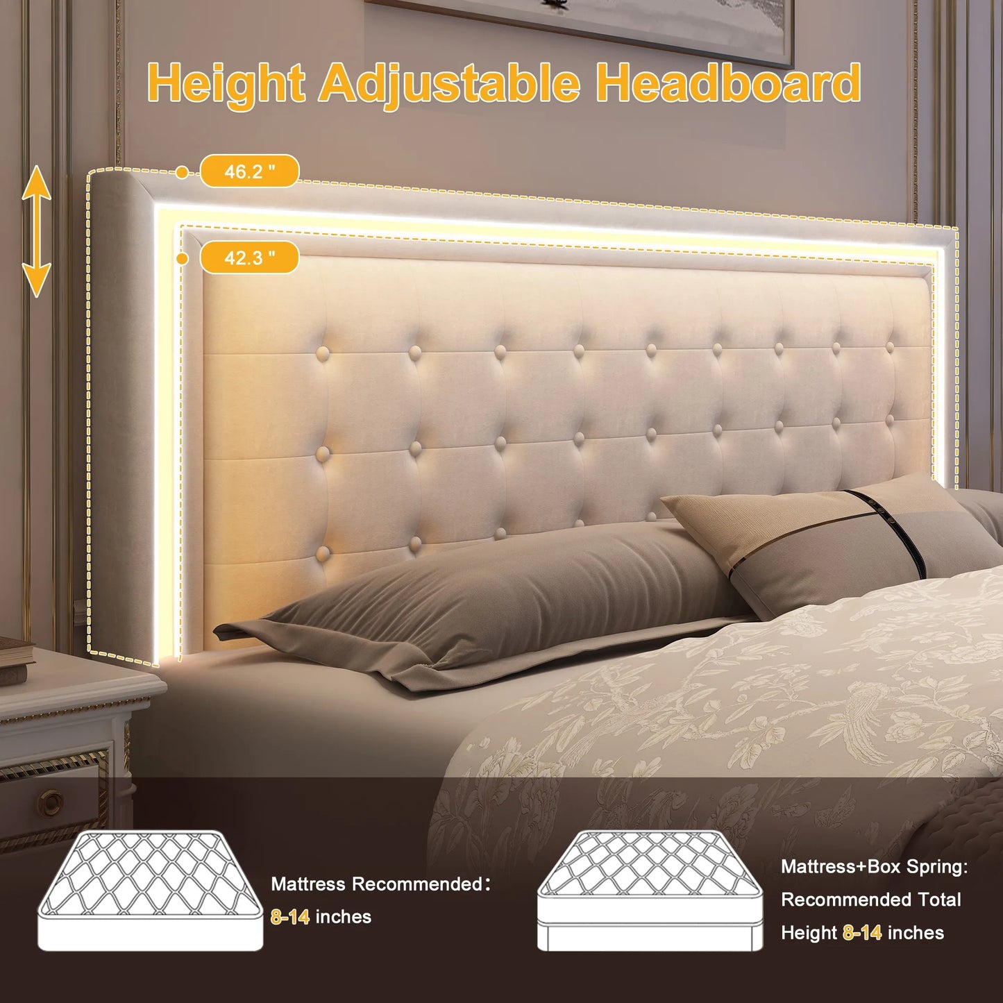 GEGOFORU Bed Frame With 4 Storage Drawers And LED Headboard