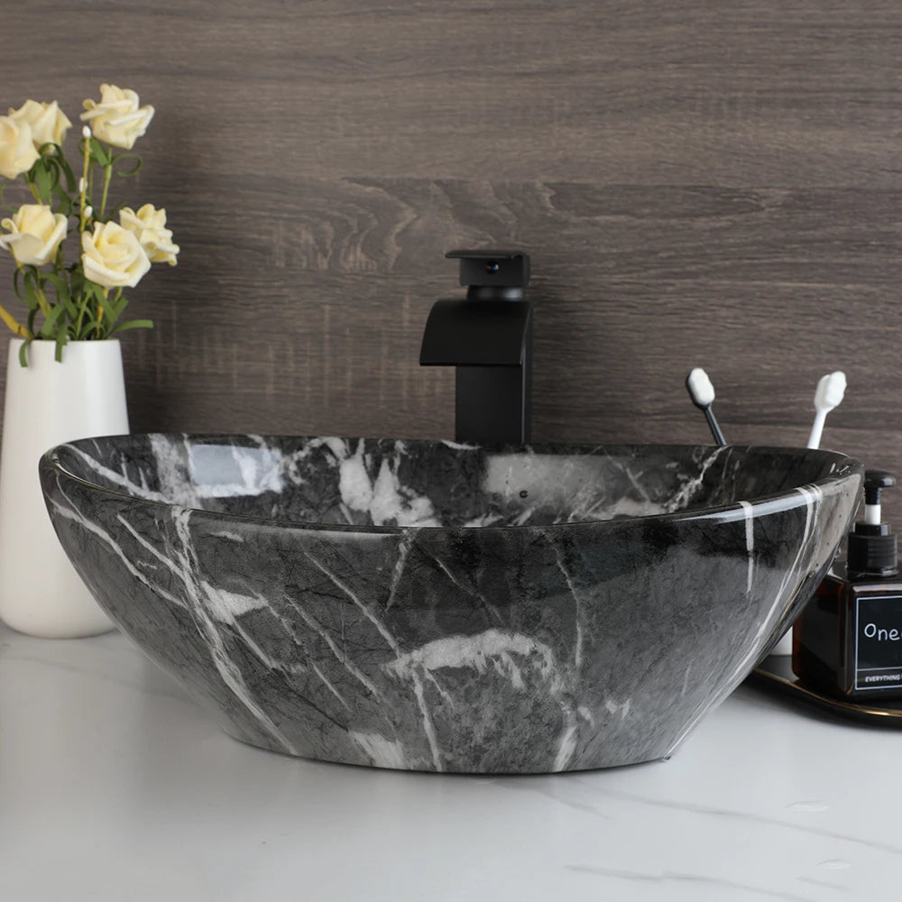 MEKKHALA Round Ceramic Vessel Sink Set Antique Brass Waterfall Faucet