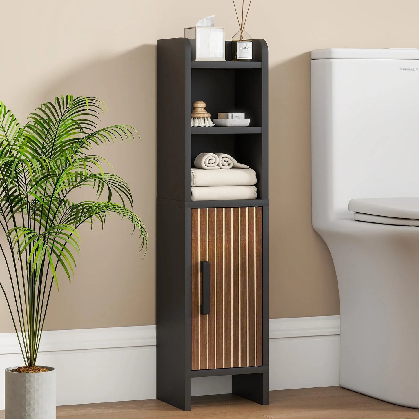 Wooden Corner Bathroom Storage Cabinet With Fluted Door And Adjustable Shelves