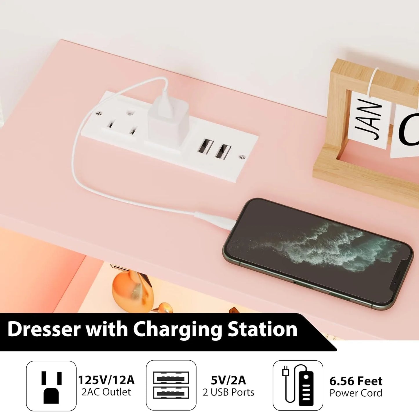 Modern Six Drawer Dresser With LED Lights And Charging Station