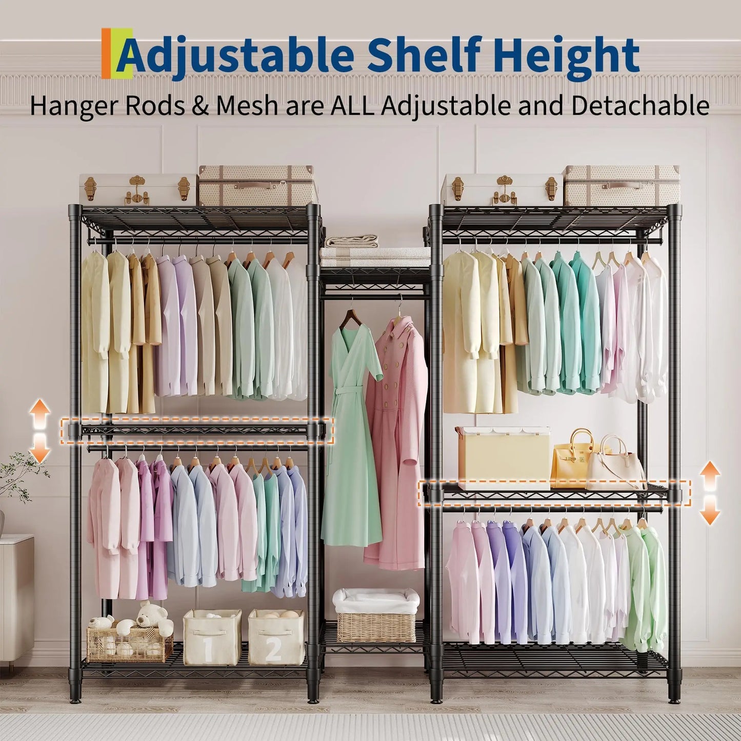 HiMiss Freestanding L Shaped Clothes Rack With Adjustable Shelves