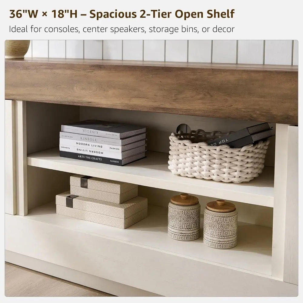 Modern Wood TV Stand Entertainment Center With Open Storage and Side Cabinets