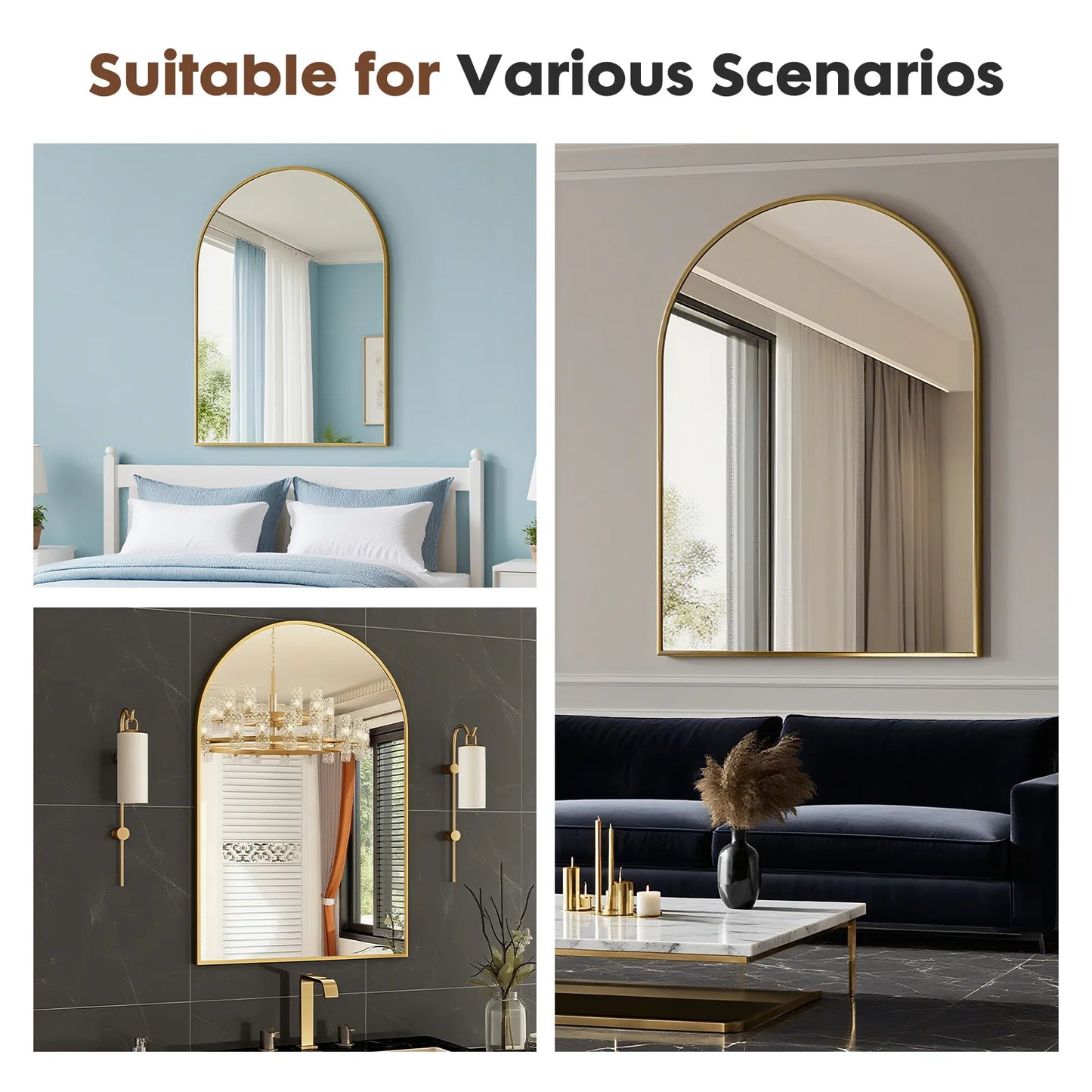 JHK Arched Metal Framed Wall Mirror For Bedroom Entryway
