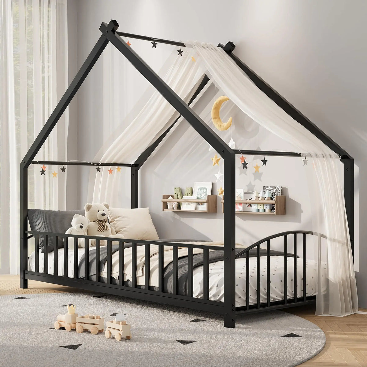 HiMISS Montessori House Bed Frame With Safety Rails For Kids