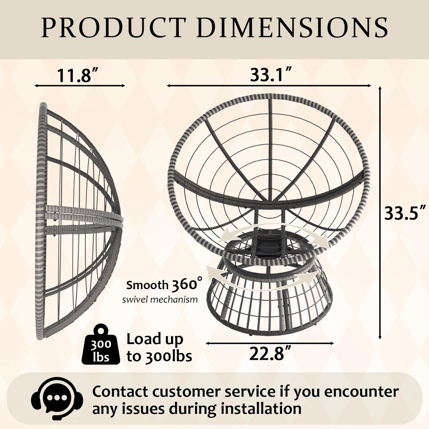 Swivel Outdoor Rattan Papasan Lounge Chair With Thick Cushion