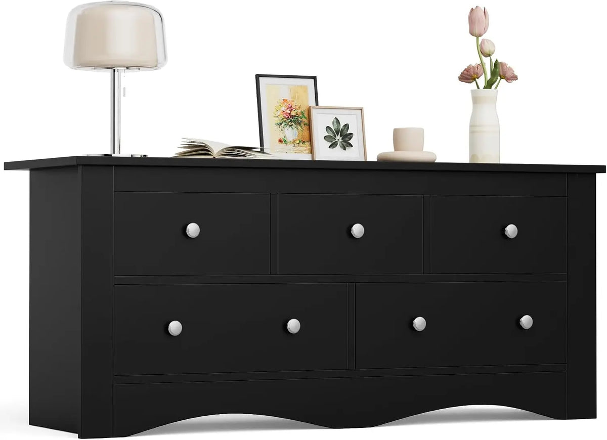 Five Drawer Wood Dresser And Media Storage Console Table