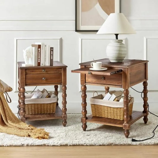 Modern Spindle End Table Set With Power Outlet And Drawer