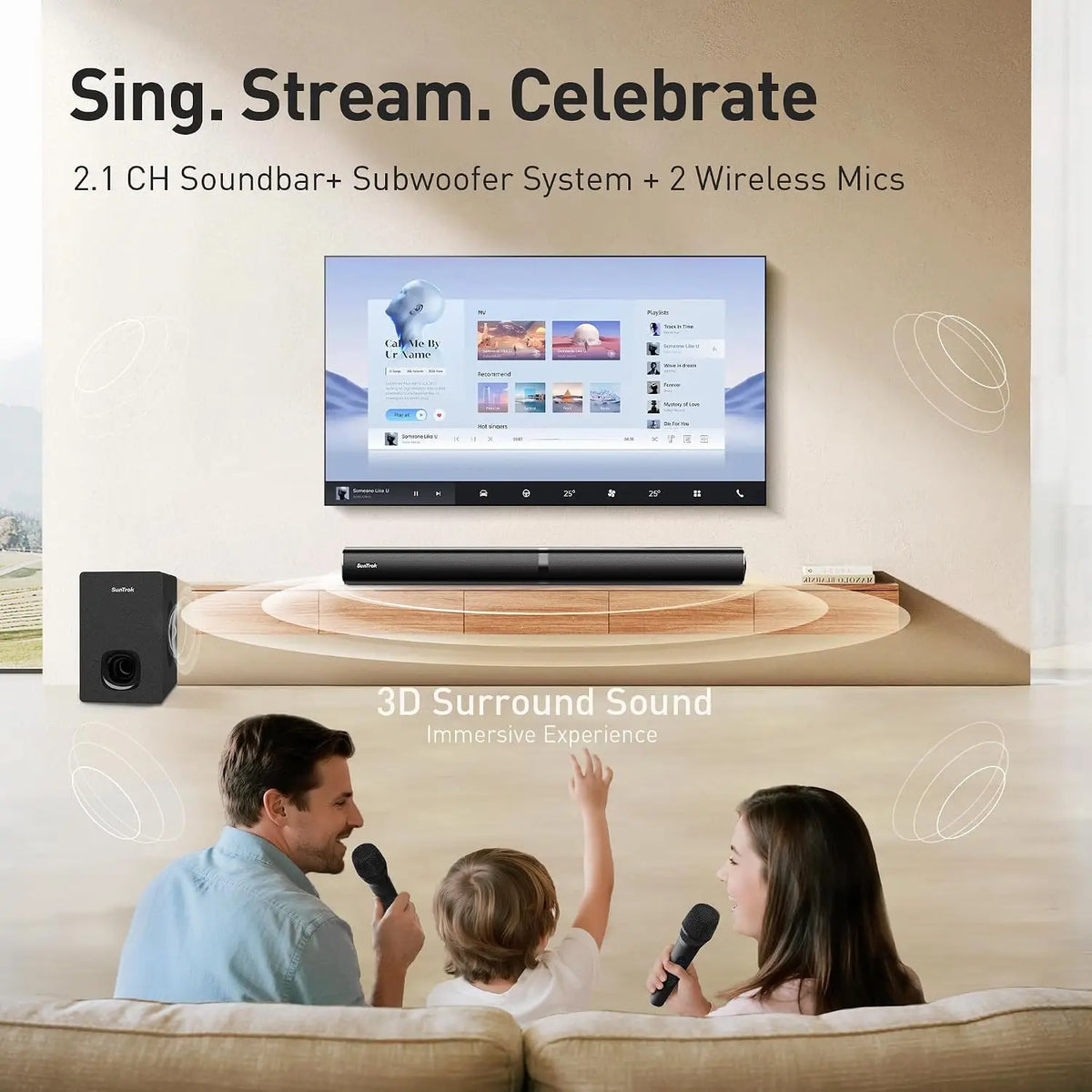 Bluetooth Surround Soundbar With Dual Wireless Karaoke Mics