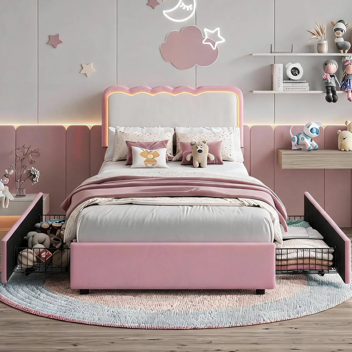 GarveeLife LED Platform Bed Frame With Upholstered Headboard And Drawers
