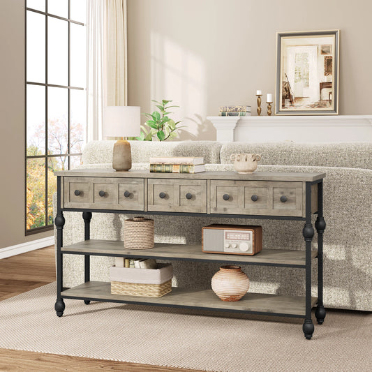 HiMISS Industrial Console Table With Drawers And Three Tier Shelves
