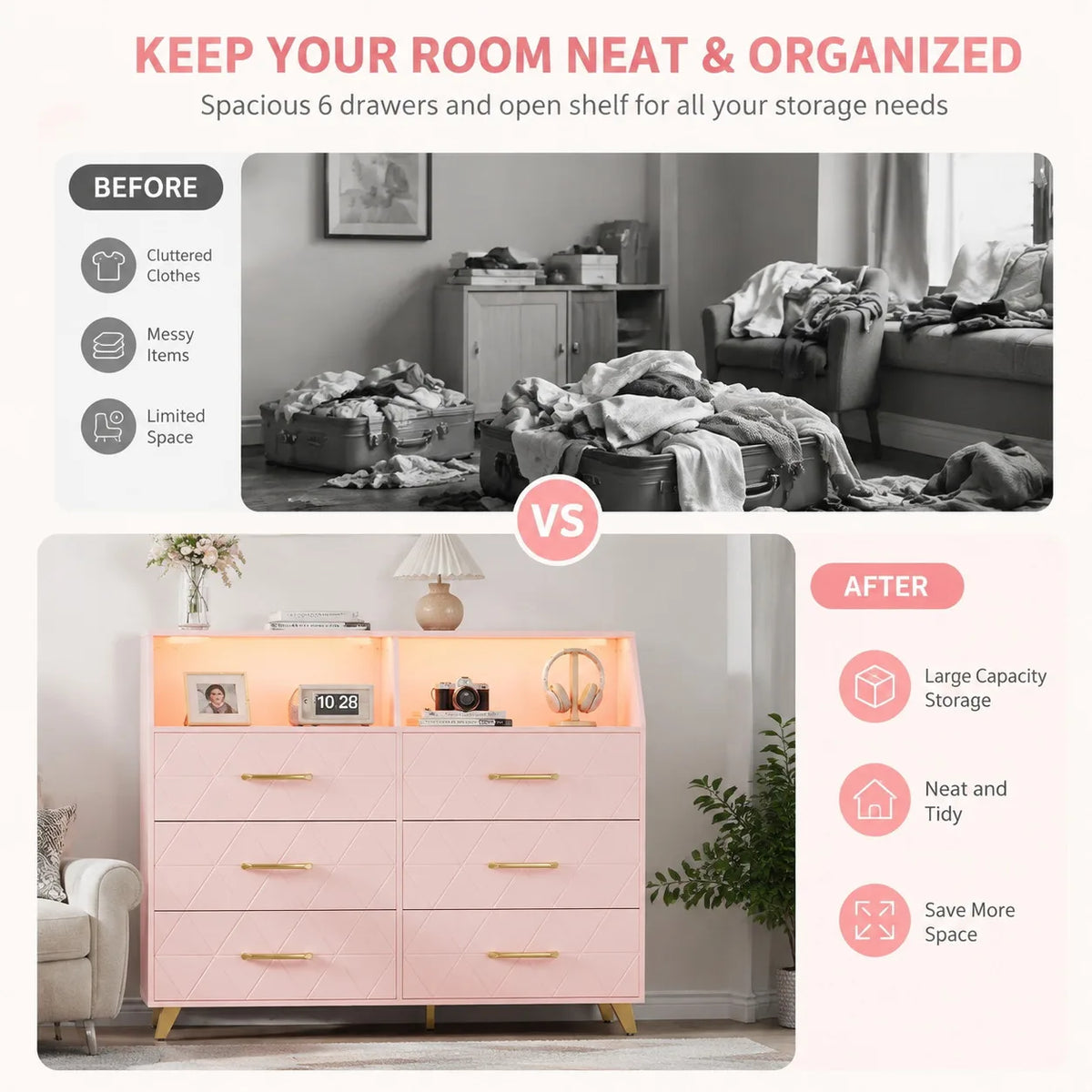 Modern Six Drawer Dresser With LED Lights And Charging Station