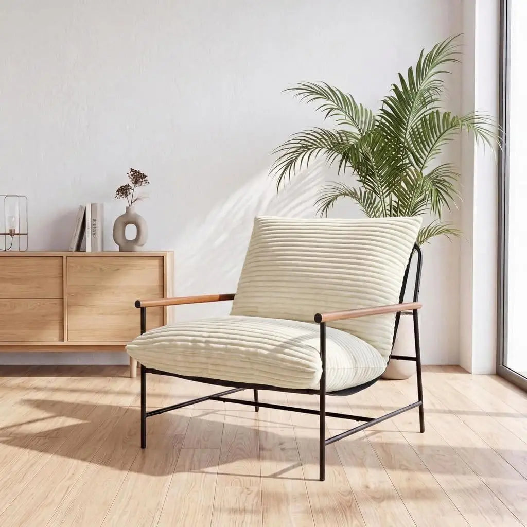 HiMISS Corduroy Lounge Chair With Wood Arms And Metal Frame