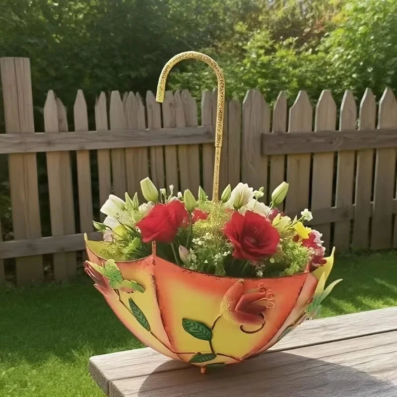 Indoor Outdoor Metal Flower Basket Umbrella Wall Mounted Hanging Planter