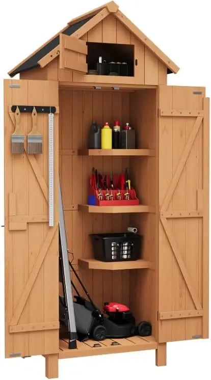 Solid Wood Outdoor Storage Cabinet With Double Doors And Shelves