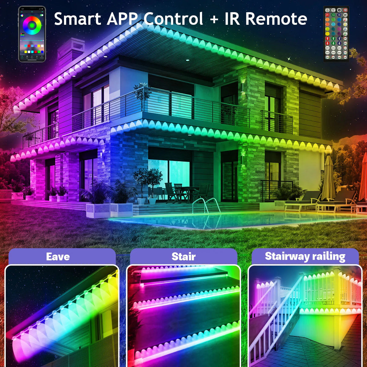 RCUICA Smart RGB Outdoor Eaves Lights With App Control Waterproof