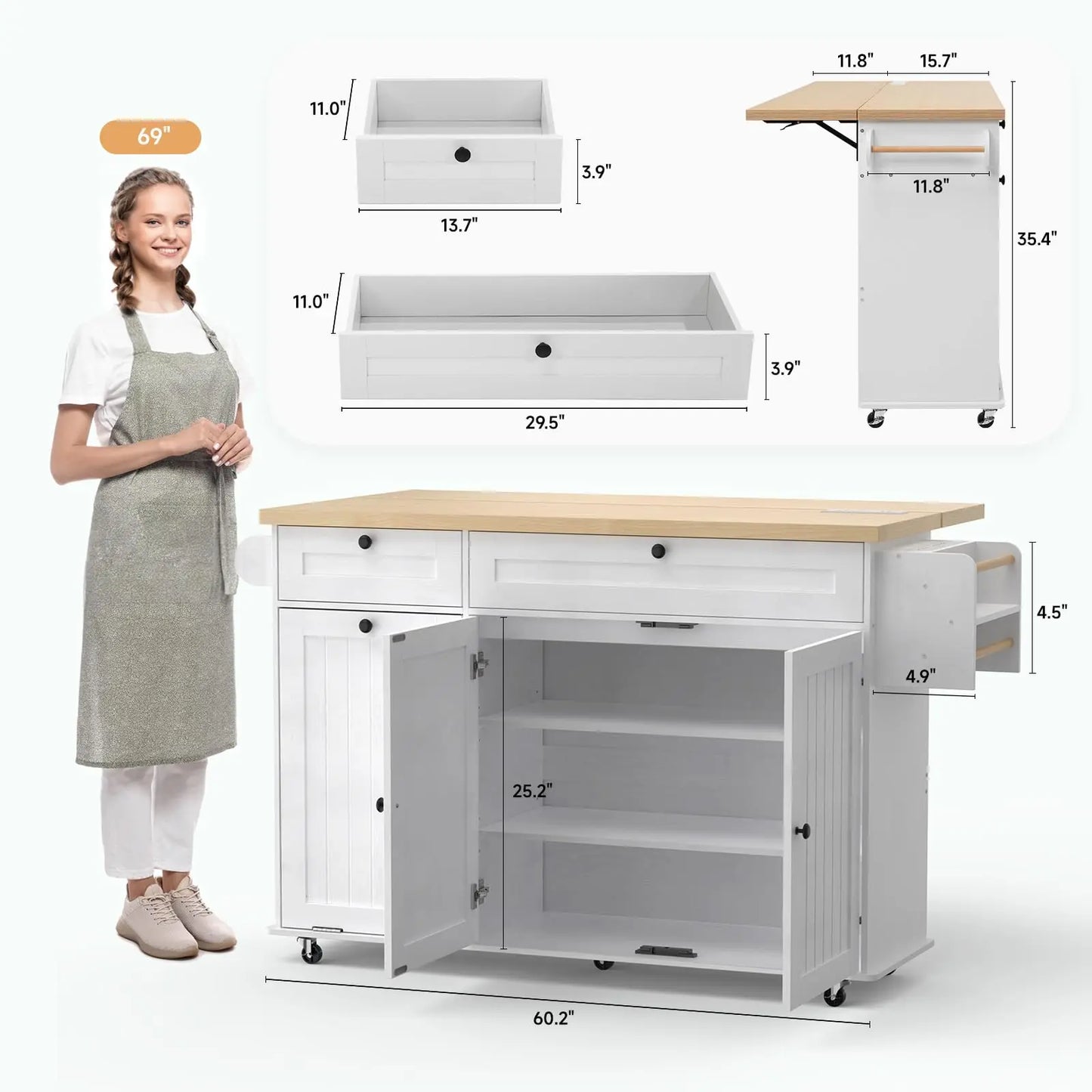 Onbrill Mobile Kitchen Island With Drop Leaf Power Outlet